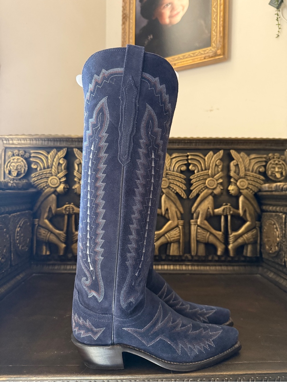 Lucchese Rodeo Exclusive Blazer Navy Blue Suede Tall Western Heeled Boots Sz 7 - Picture 3 of 10